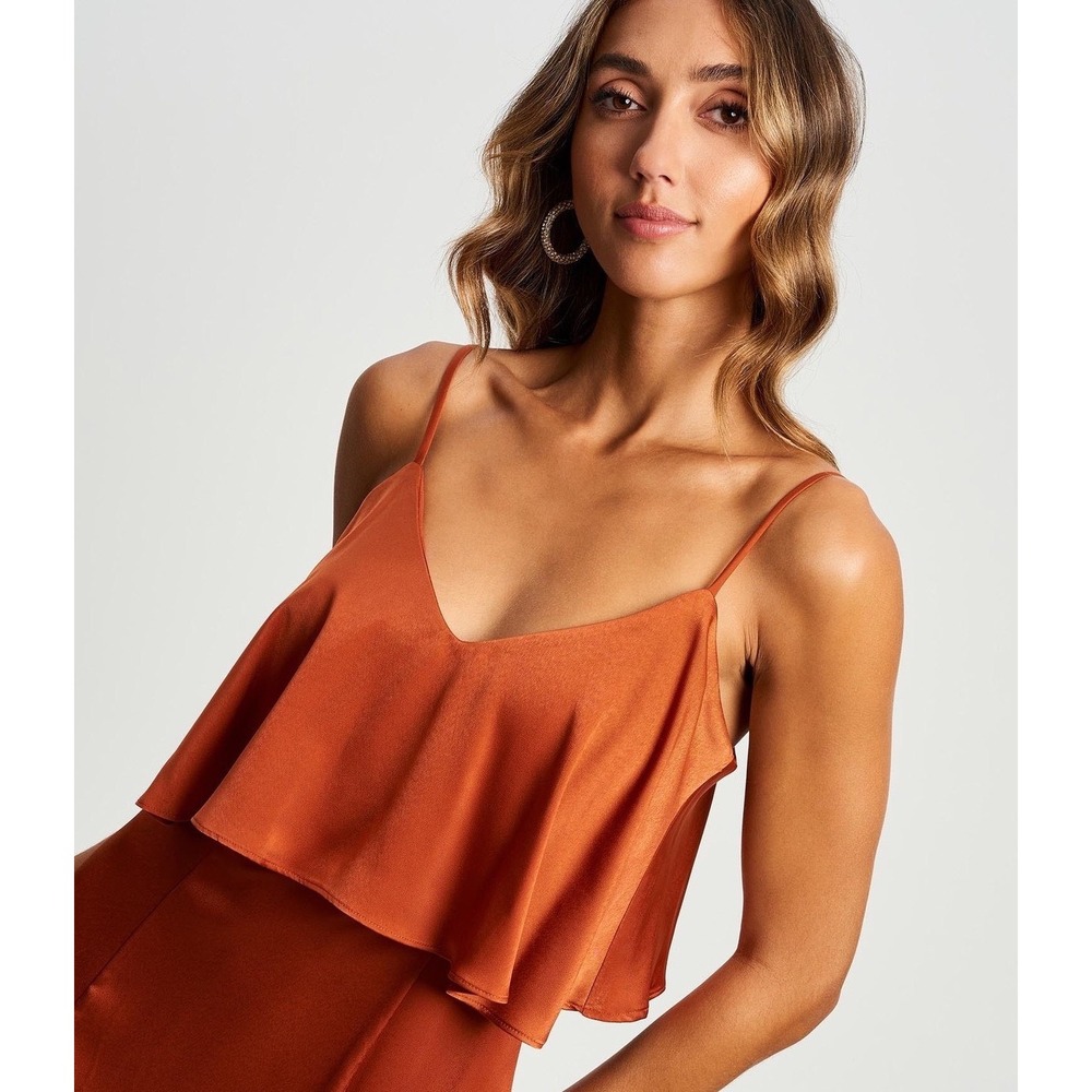 Tobi Jumpsuit Rust Satin Flounce Wide Leg Small Western Glam Evening‎ Bohemian